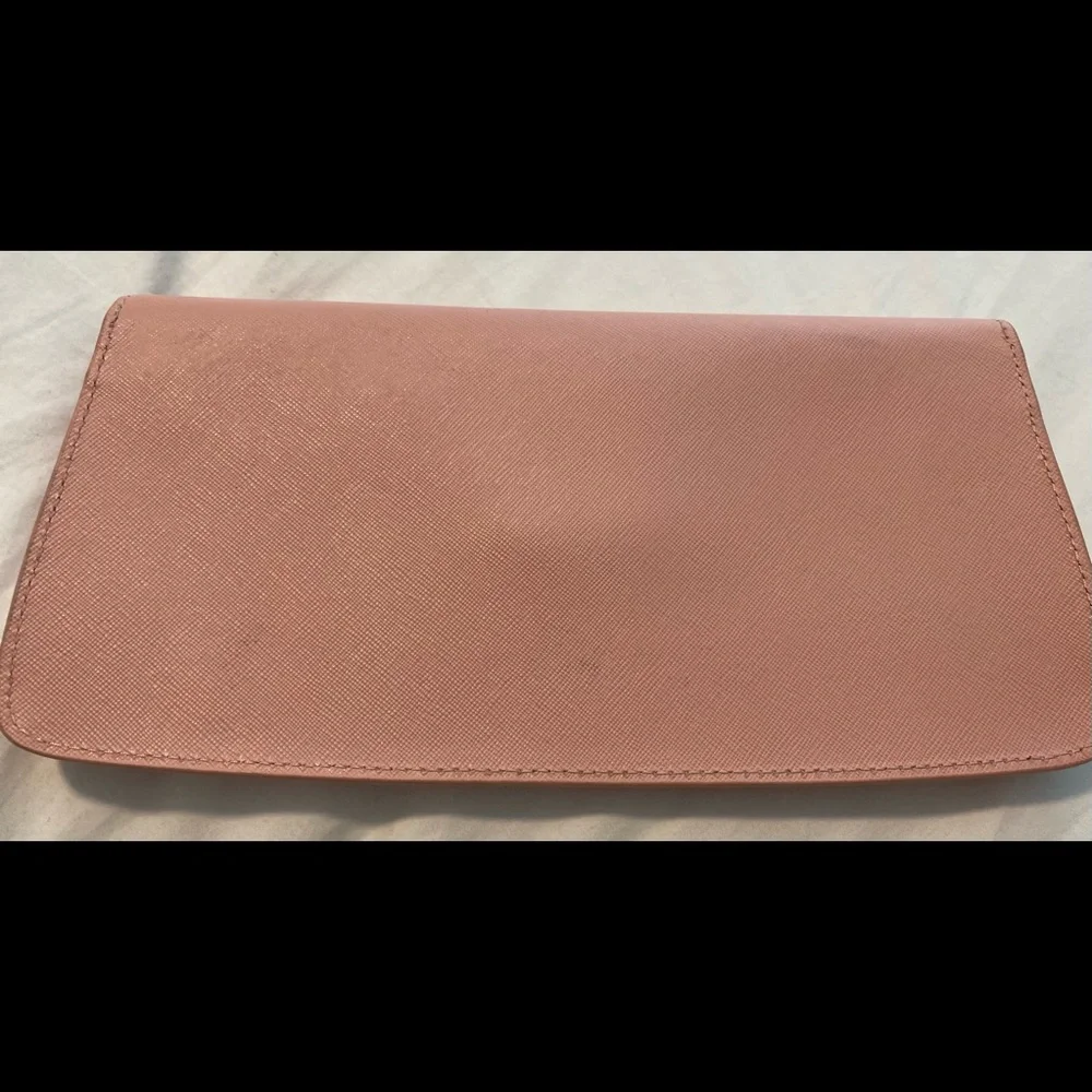 Tory Burch Pink Saffiano Leather Clutch with Gold Logo